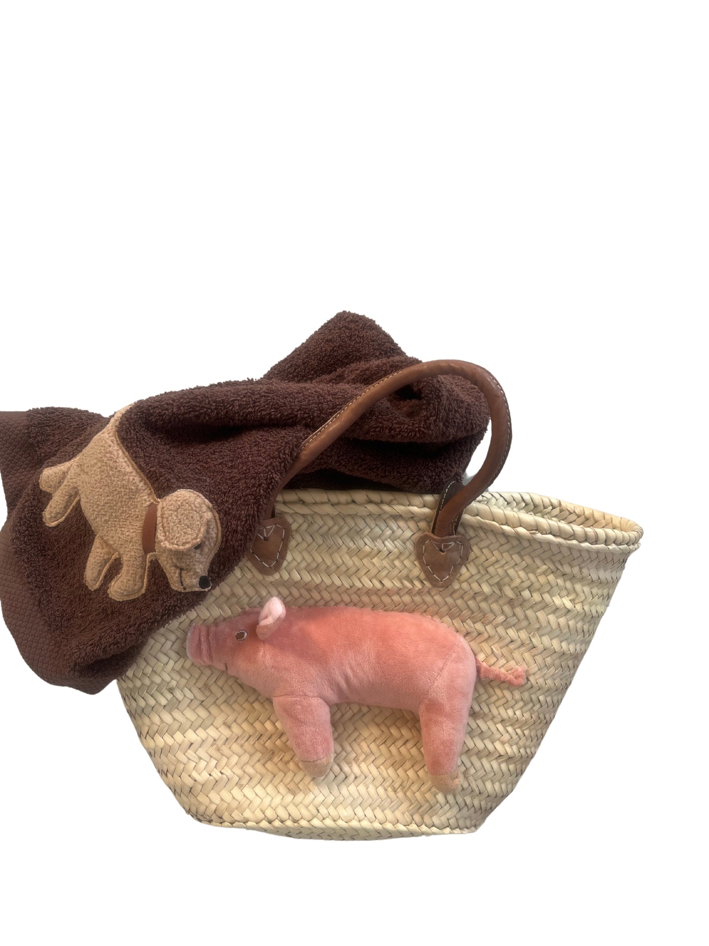 Bolso cesta grande con perro salchicha de pelo áspero Oskar, con asas de cuero y bolsa de cuero en el interior