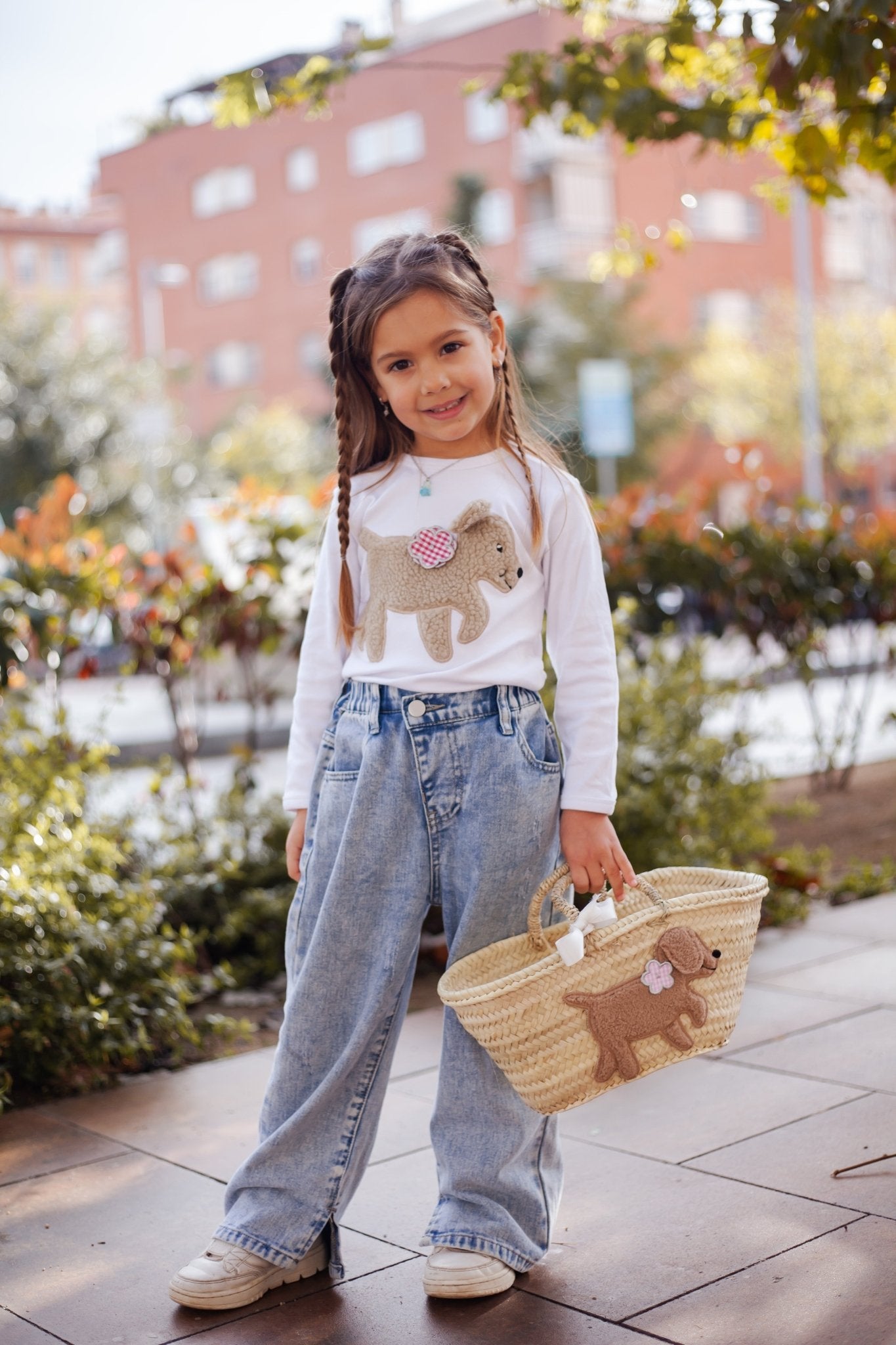 Hund KITTY weißes Shirt langarm mit Teddyfell Applikation und Blume - ZIEGFELD Kids