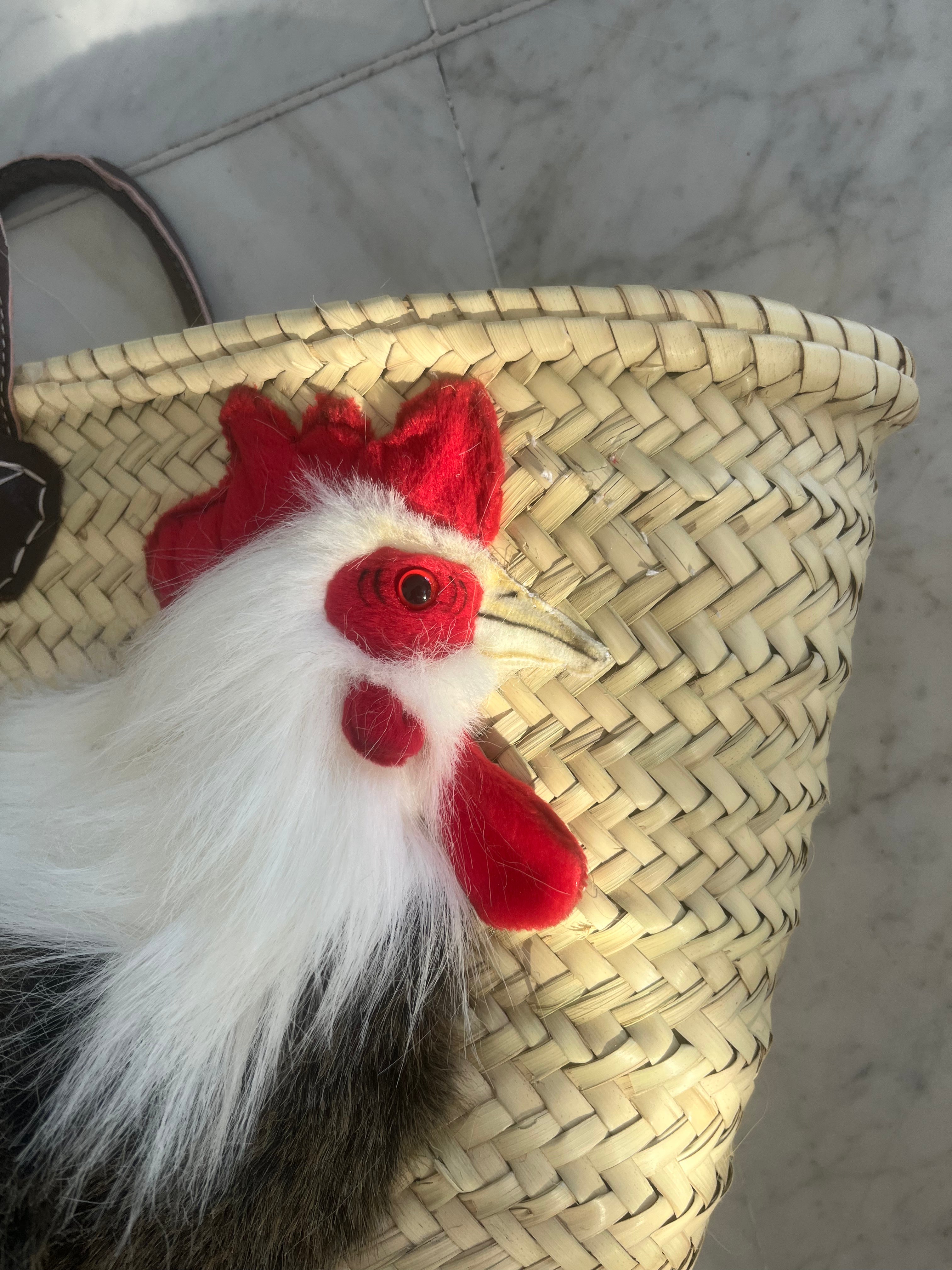 Große Korbtasche mit Hahn Hugo,  Ledergriffe und Ledertasche innen