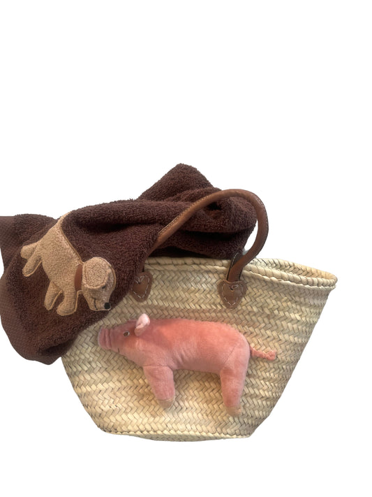Bolso cesta grande con perro salchicha de pelo áspero Oskar, con asas de cuero y bolsa de cuero en el interior