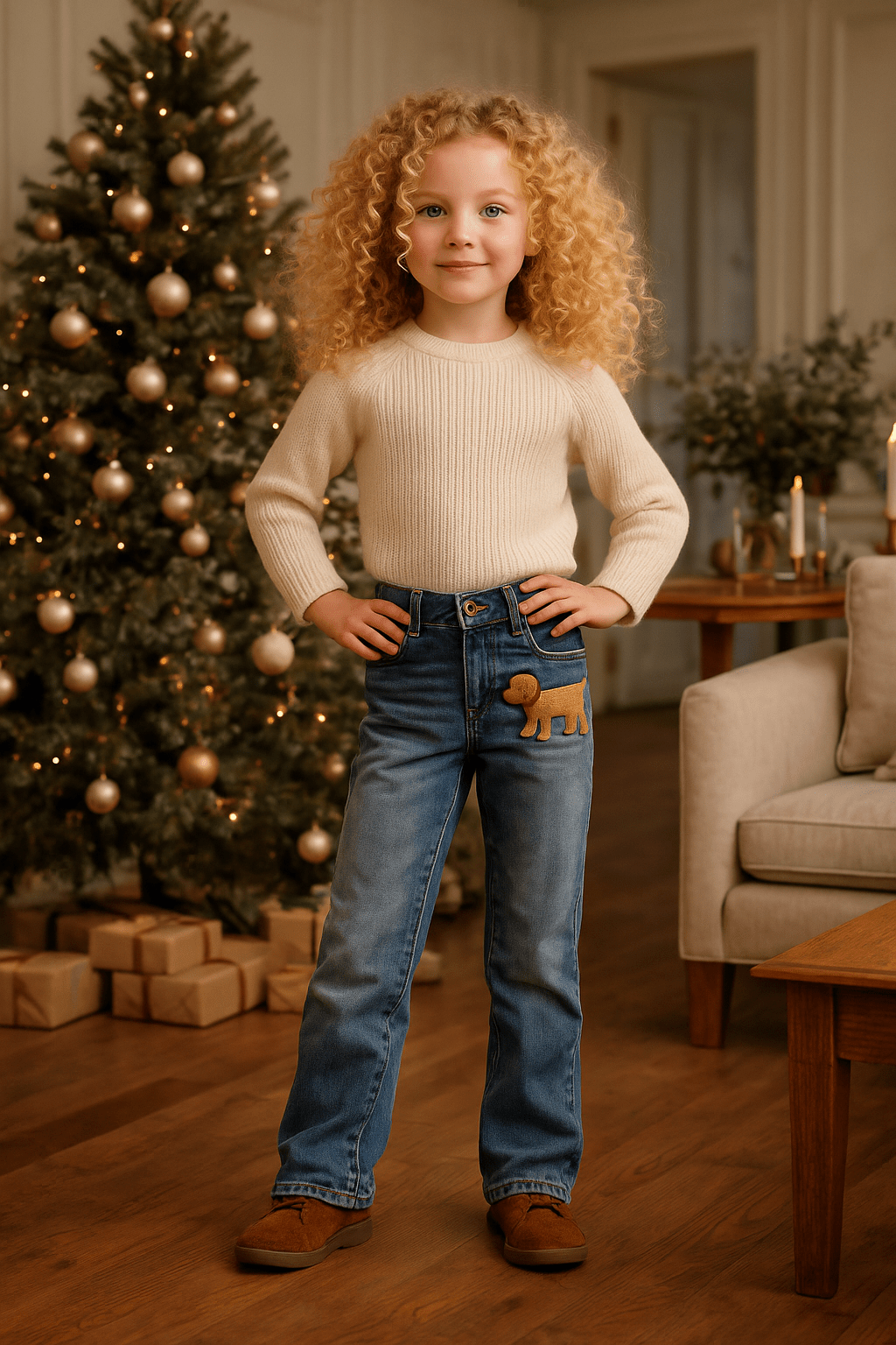 Blue Jeans - Hund Bobby Ein kleines blondgelocktes Mädchen steht lächelnd in einem elegant dekorierten Weihnachtszimmer. Sie trägt einen cremefarbenen Strickpullover, blaue Jeans mit einer goldenen Hund-Applikation am Hosenbein und braune Schuhe. Hinter ihr steht ein geschmückter Weihnachtsbaum mit goldenen Kugeln und warmen Lichtern, umgeben von Geschenken. Die Szene wirkt warm, festlich und gemütlich - ZIEGFELD Kids