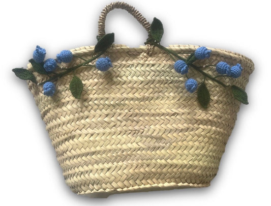Große handtasche rund Korbtasche aus Palmenblättern mit gehäketen Blaubeeren - ZIEGFELD Kids