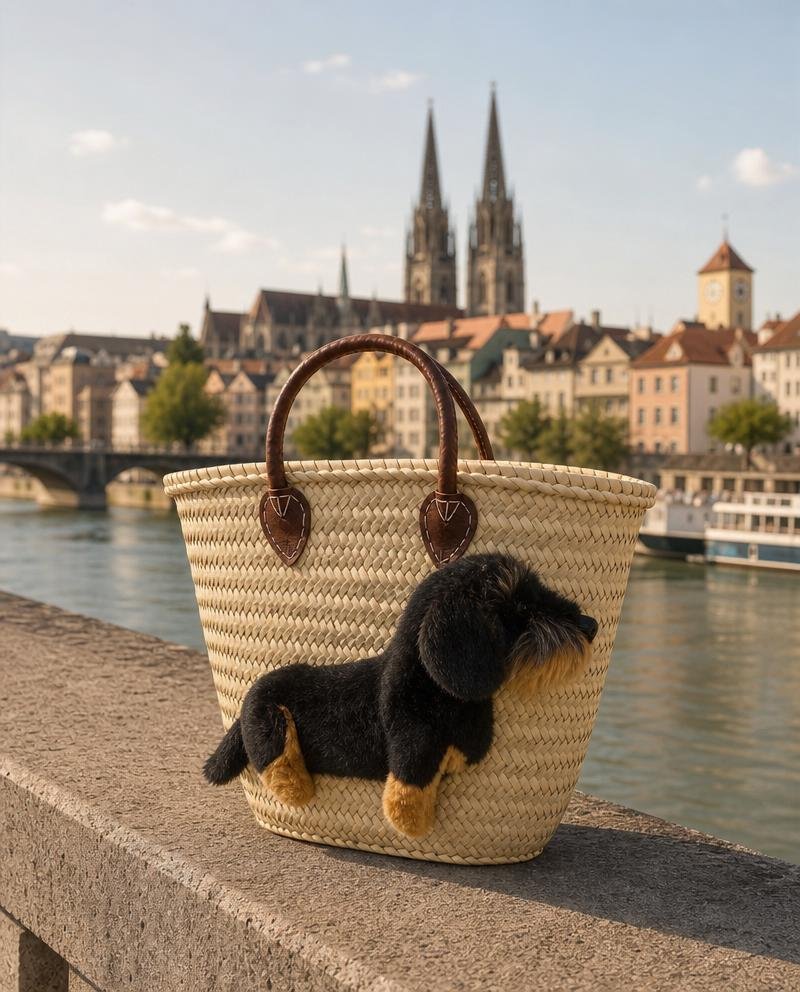 Große Korbtasche Dackel mit Rauhaardackel Oskar, mit Ledergriffen und Ledertasche innen - ZIEGFELD Kids