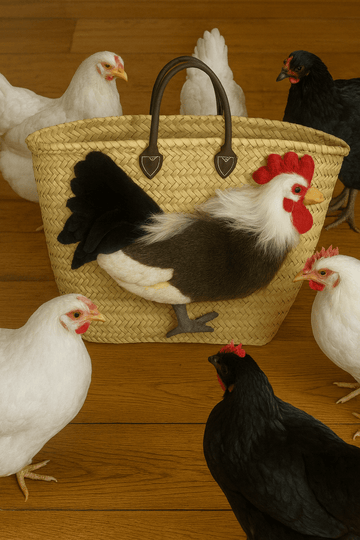 Große Korbtasche mit Hahn Hugo, Ledergriffe und Ledertasche innen - ZIEGFELD Kids