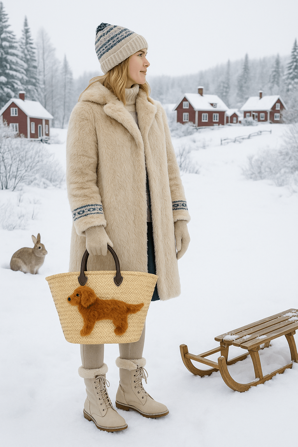 Große Korbtasche Peanut - der rote Pudel, mit Ledergriffen und Lederinnentasche - ZIEGFELD Kids