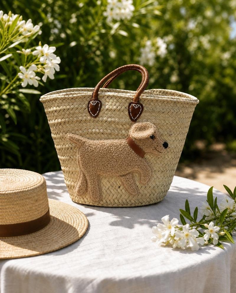 Große Korbtasche Shopper Hund BOBBY SOLO aus Palmenblättern mit Ledergriffen - ZIEGFELD Kids