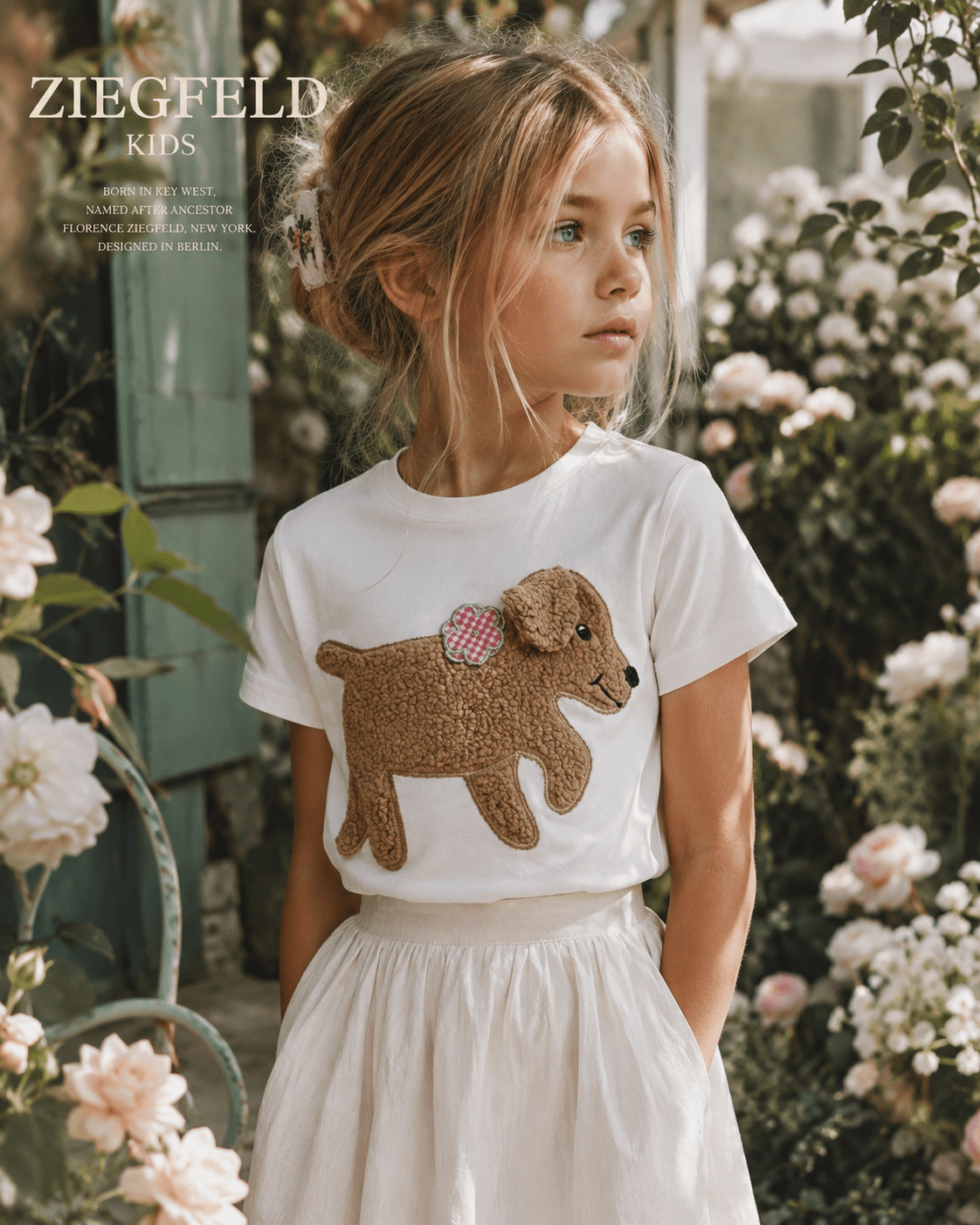 Hund KITTY weisses T-Shirt kurzarm mit Teddyfell Applikation und Geheimtasche im Ohr - ZIEGFELD Kids