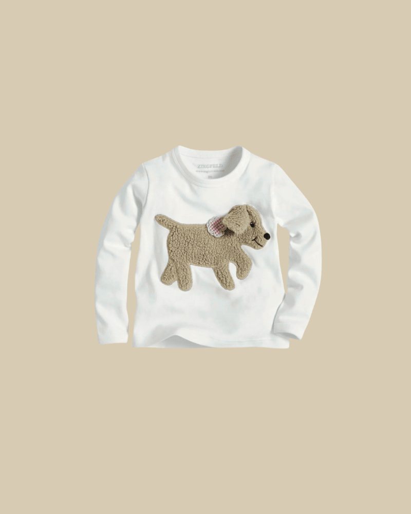 Hund KITTY weisses T-Shirt kurzarm mit Teddyfell Applikation und Geheimtasche im Ohr - ZIEGFELD Kids