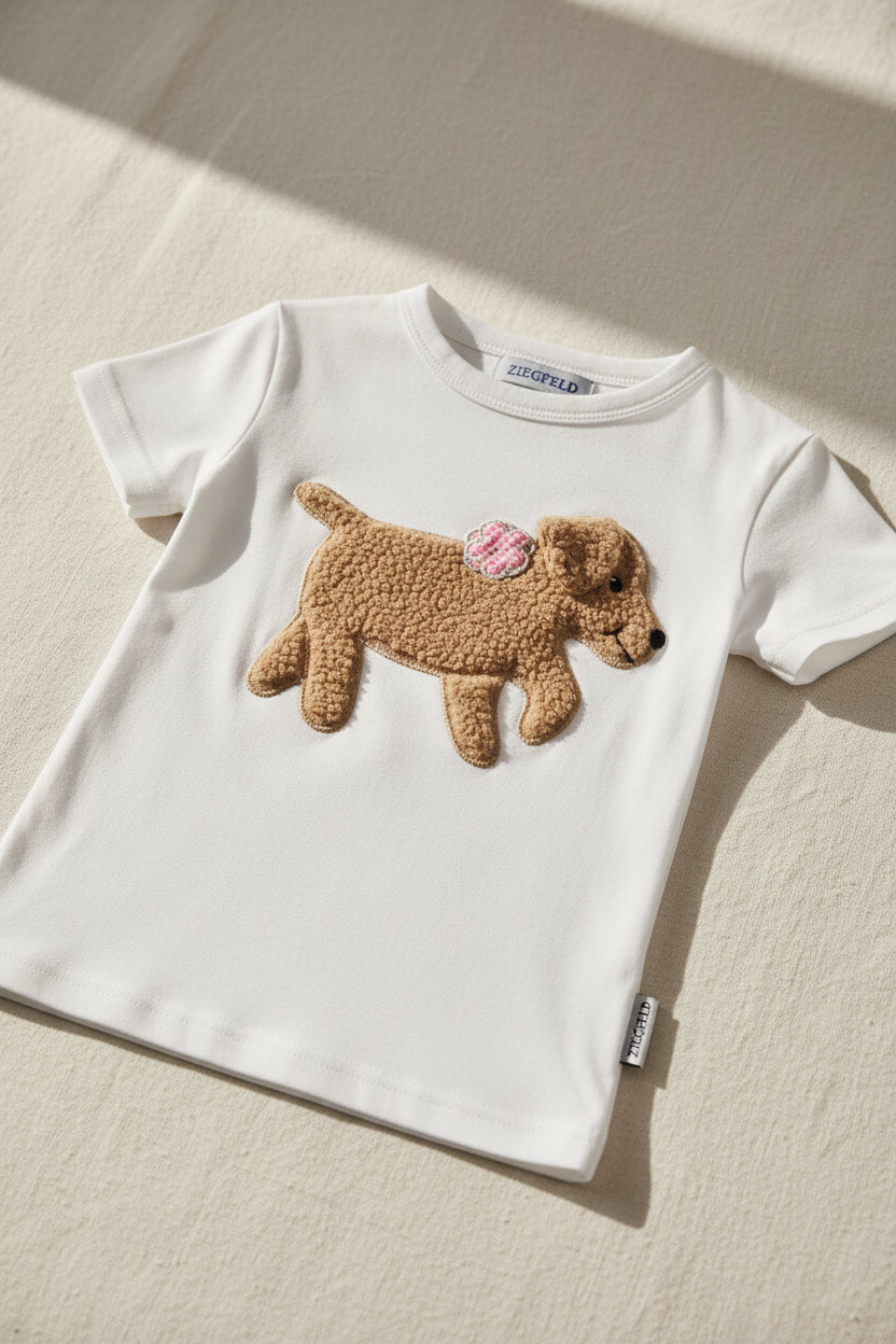 Hund KITTY weisses T - Shirt kurzarm mit Teddyfell Applikation und Geheimtasche im Ohr (Kopie) - ZIEGFELD Kids