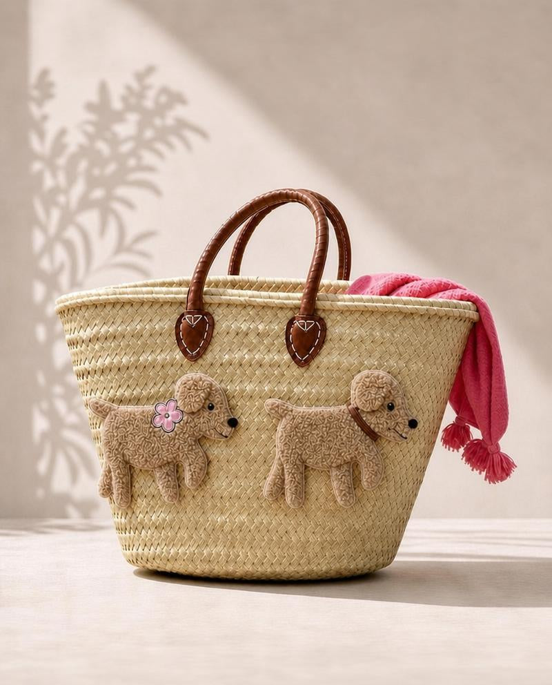 Large basket bag - KITTY and BOBBY made of palm leaves with leather pocket inside
