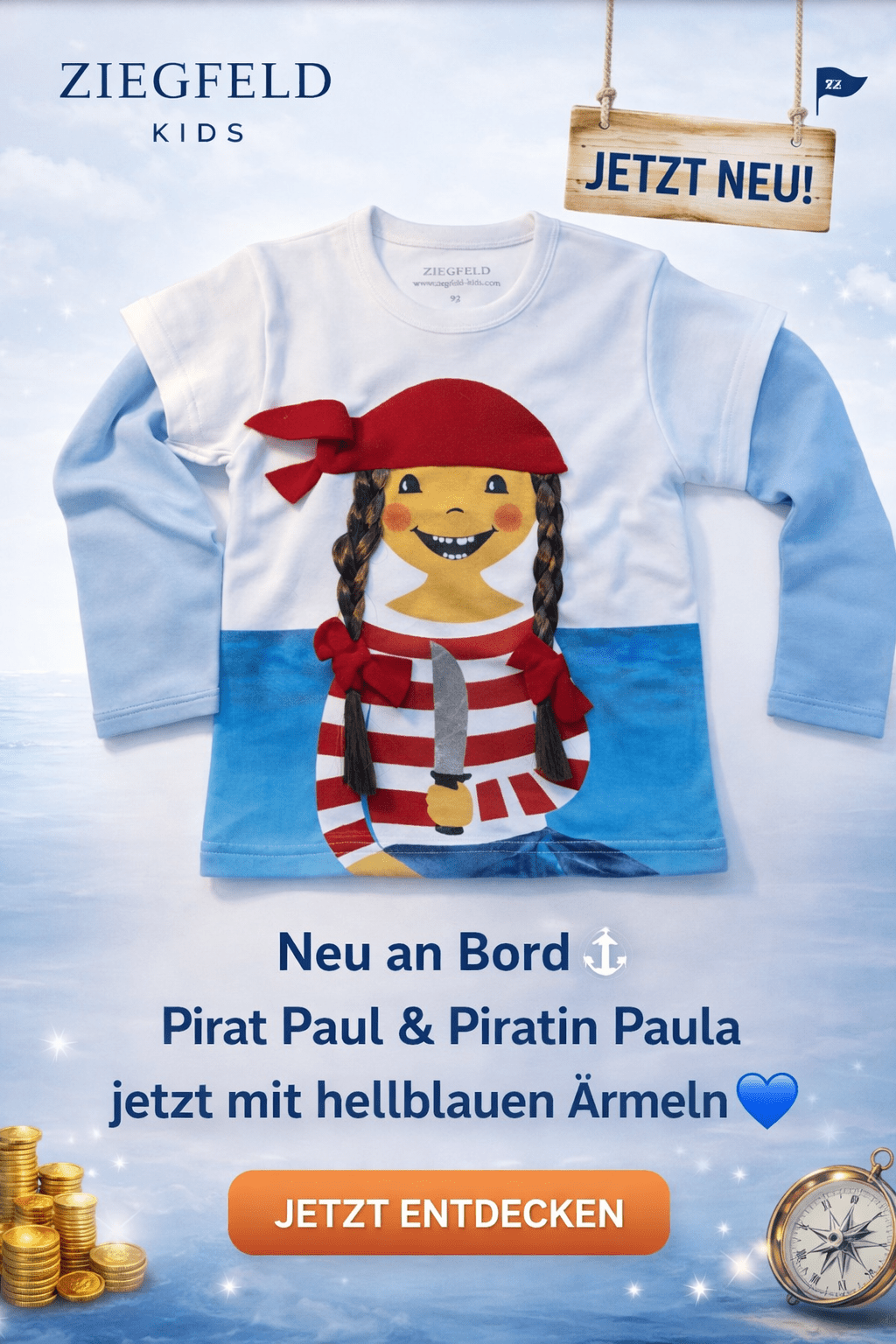 Piratin Paula Pulli langarm für Mädchen mit echten Zöpfen, Baumwolle - ZIEGFELD Kids