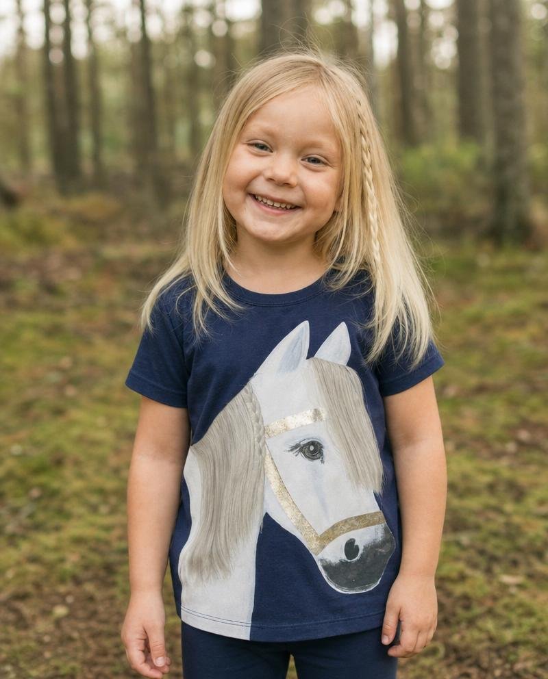 Pony Snowflake mit echter Mähne Kurzarm Marineblau T-Shirt - ZIEGFELD Kids