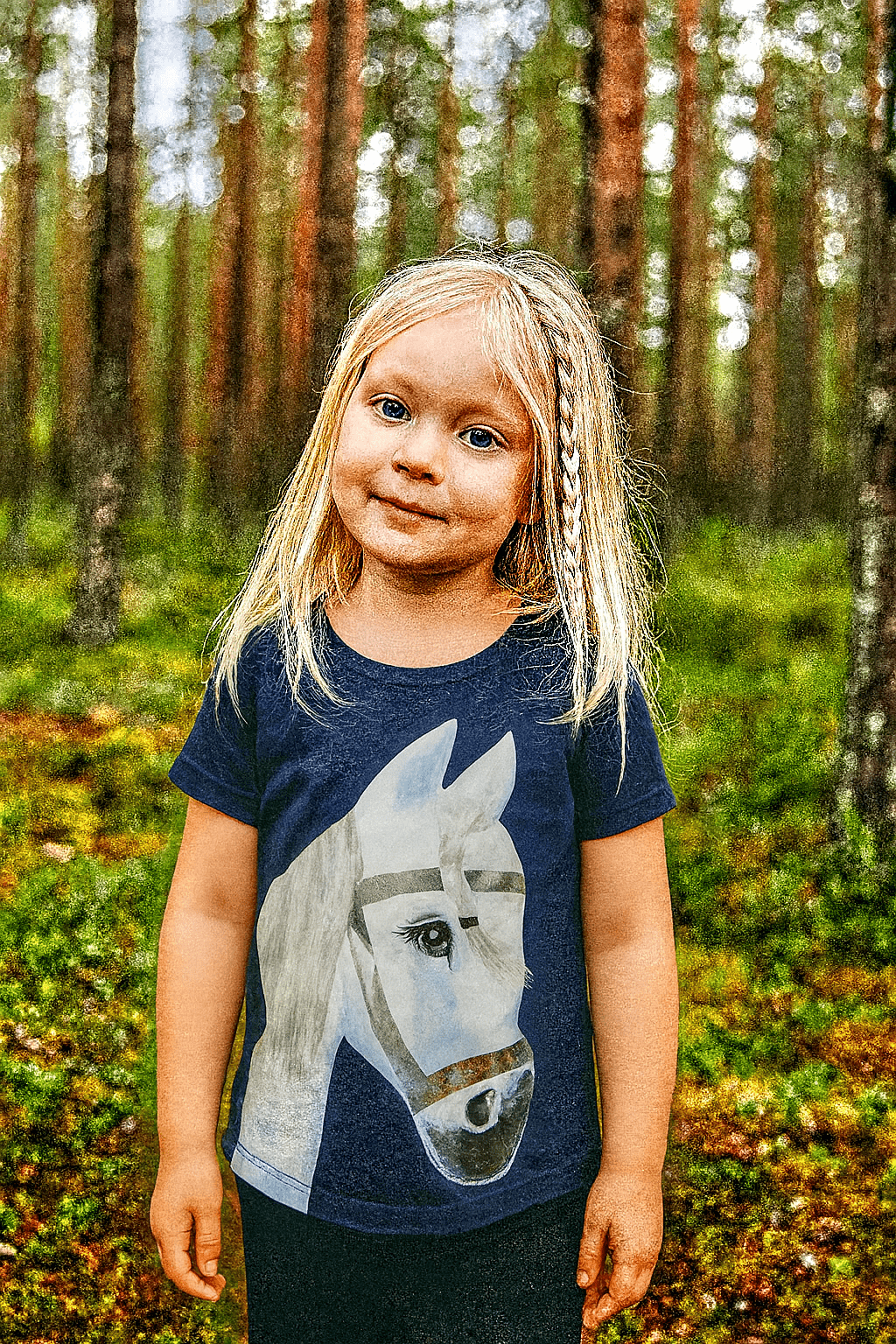 Pony Snowflake mit echter Mähne Kurzarm Marineblau T-Shirt - ZIEGFELD Kids