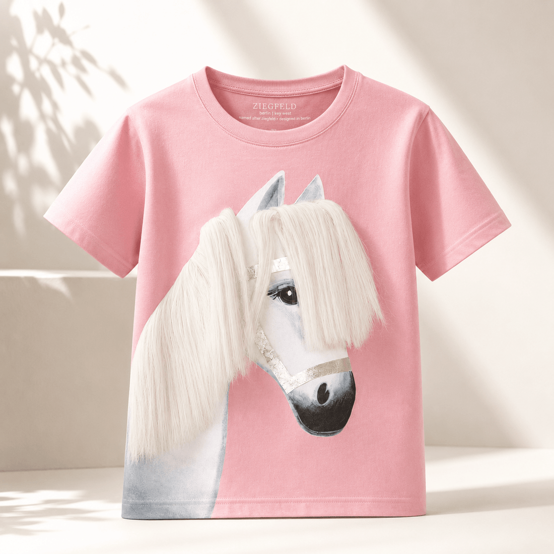 Pony Snowflake Rosa Baumwolle T-Shirt mit echter Mähne! - ZIEGFELD Kids