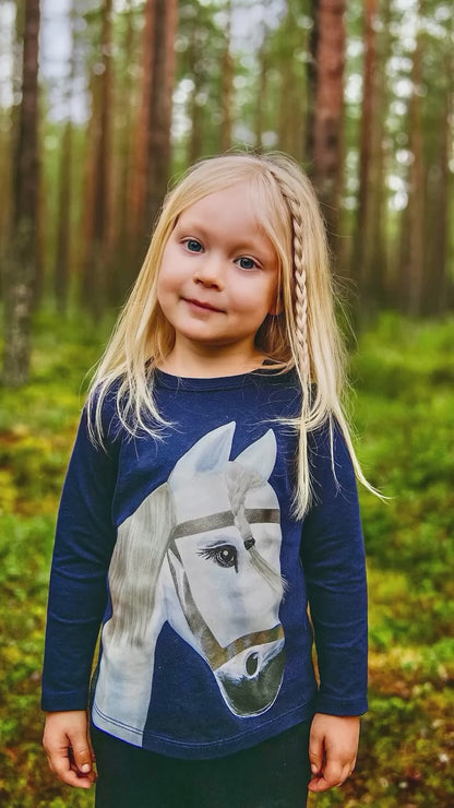Pony Snowflake mit echter Mähne aus Puppenhaar, blau langarm Shirt
